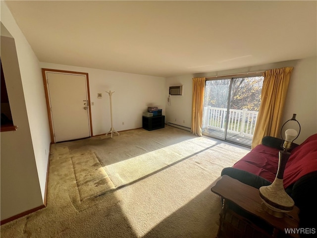 living room featuring carpet floors, an AC wall unit, and baseboard heating