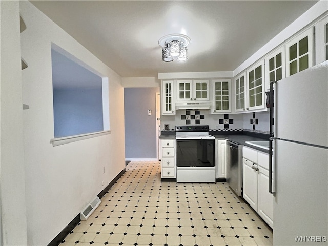 kitchen with white cabinets and white appliances