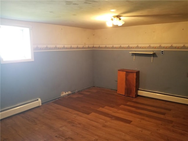 empty room featuring dark wood-style flooring and baseboard heating