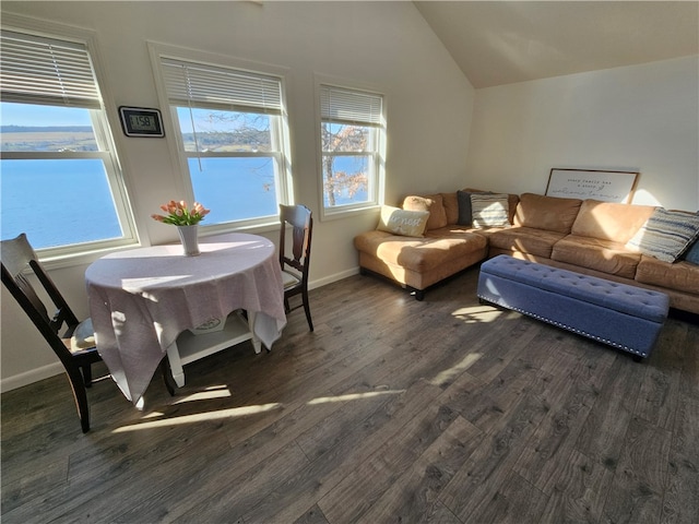 living room with dark hardwood / wood-style flooring, a water view, and vaulted ceiling