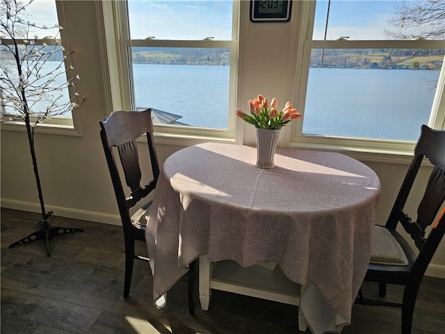 dining room with hardwood / wood-style floors and a water view