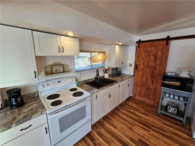 kitchen with dark wood-type flooring, white cabinets, electric stove, sink, and a barn door