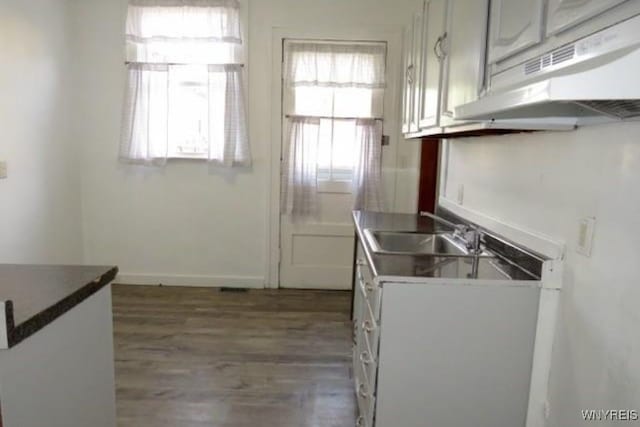 kitchen featuring white cabinets, wood-type flooring, and sink