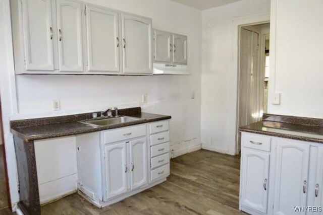 kitchen featuring light wood-type flooring, white cabinetry, sink, and extractor fan