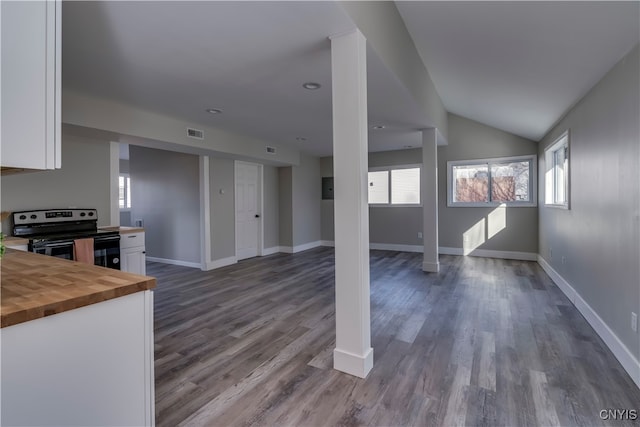 interior space with wooden counters, white cabinets, stainless steel range with electric stovetop, and dark hardwood / wood-style floors