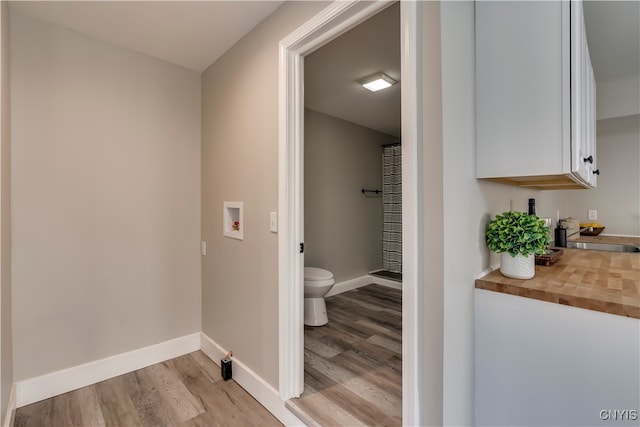 bathroom featuring toilet, sink, and hardwood / wood-style flooring