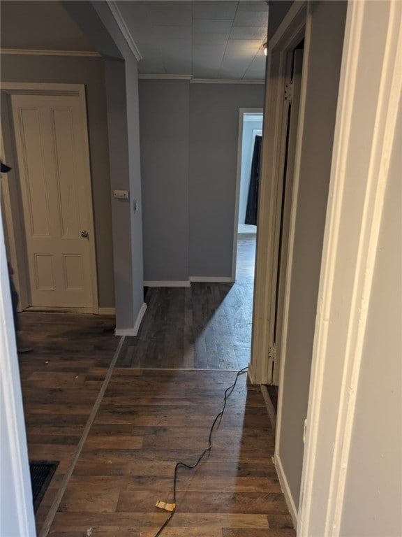 hall with dark hardwood / wood-style flooring and ornamental molding