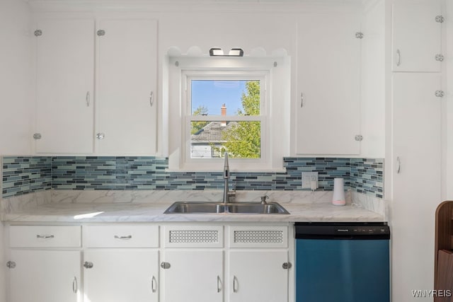 kitchen featuring light stone countertops, backsplash, stainless steel dishwasher, sink, and white cabinetry