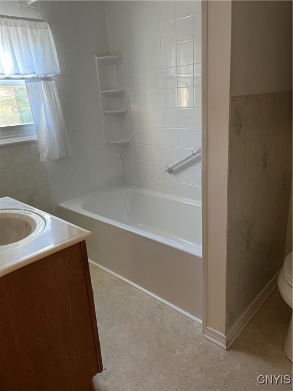 full bathroom with shower / bathing tub combination, vanity, and toilet