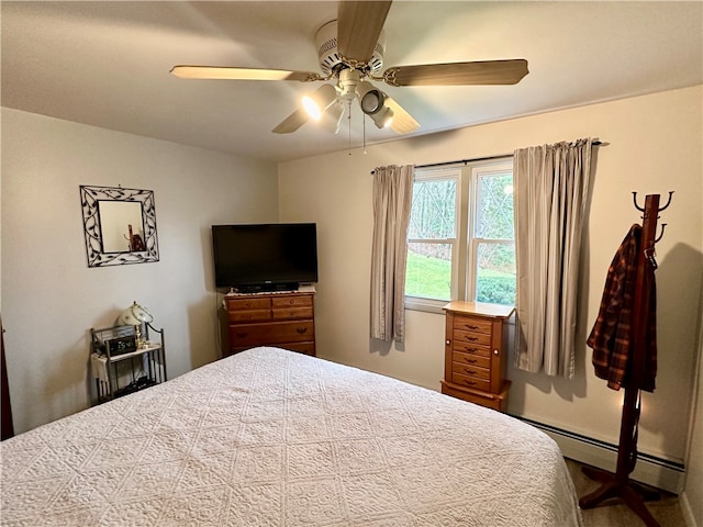 bedroom featuring a baseboard radiator and ceiling fan