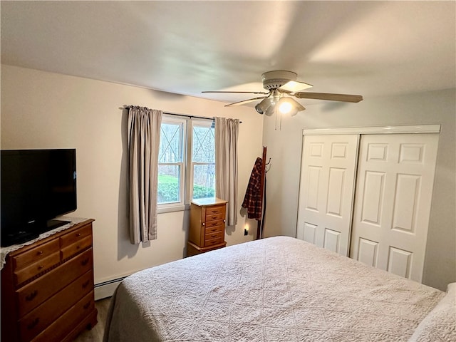 bedroom featuring ceiling fan, baseboard heating, and a closet