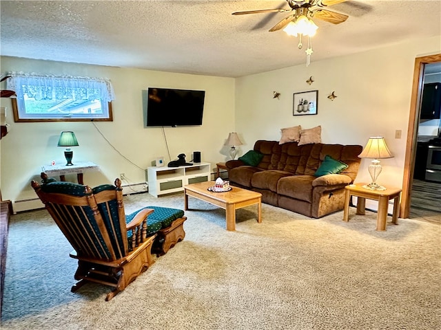 living room with ceiling fan, a baseboard heating unit, a textured ceiling, and carpet flooring