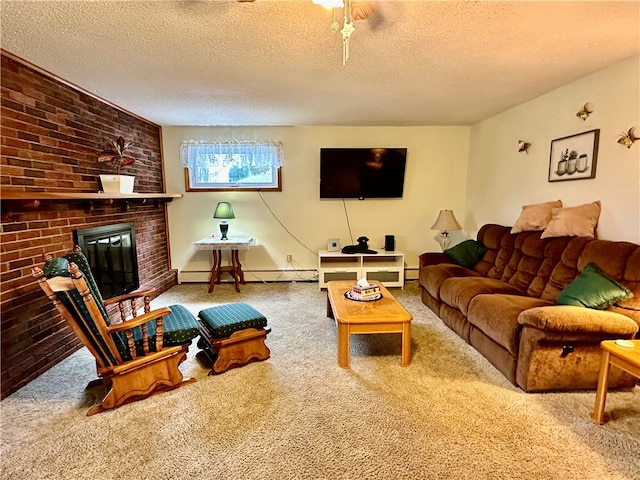 carpeted living room featuring a baseboard radiator, a textured ceiling, and a brick fireplace