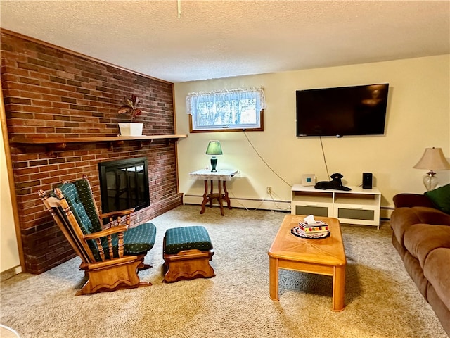 living room with a brick fireplace, a baseboard radiator, a textured ceiling, and carpet flooring