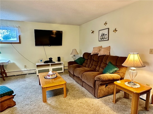 carpeted living room featuring a textured ceiling and baseboard heating