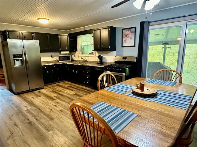 kitchen with sink, crown molding, ceiling fan, stainless steel appliances, and light hardwood / wood-style floors