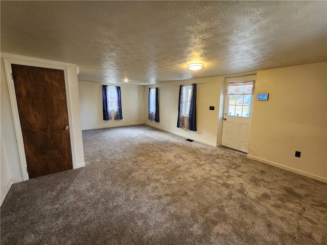 interior space with carpet flooring and a textured ceiling