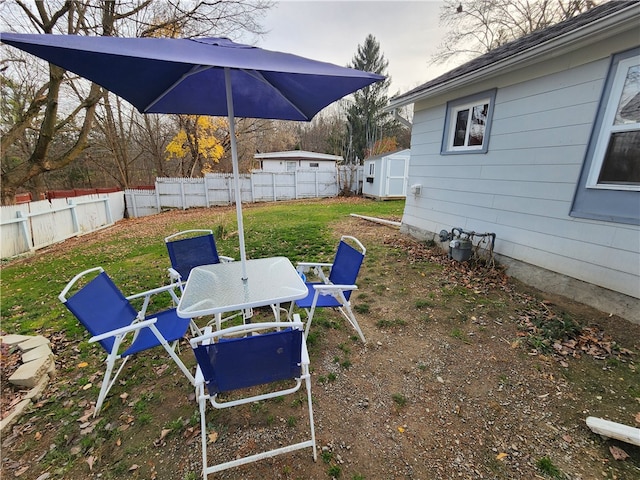 view of yard featuring a storage unit