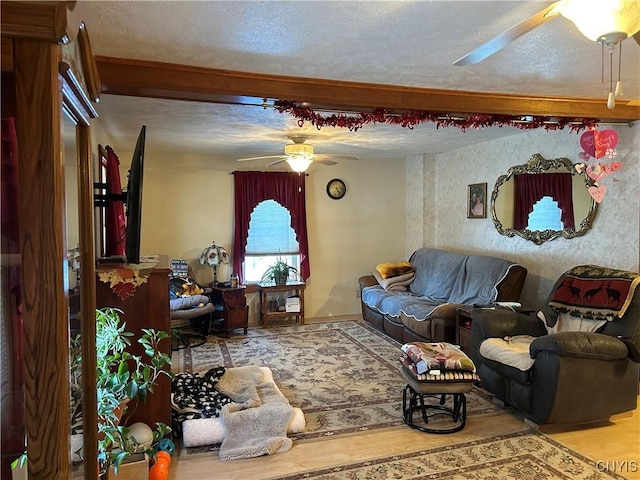 living room with ceiling fan, wood-type flooring, and a textured ceiling