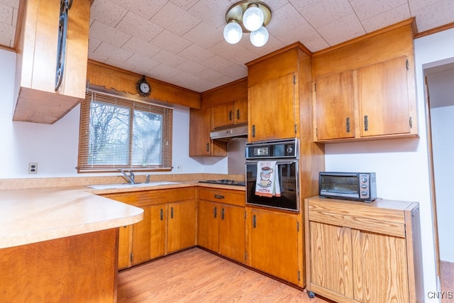 kitchen featuring sink, black appliances, and light wood-type flooring