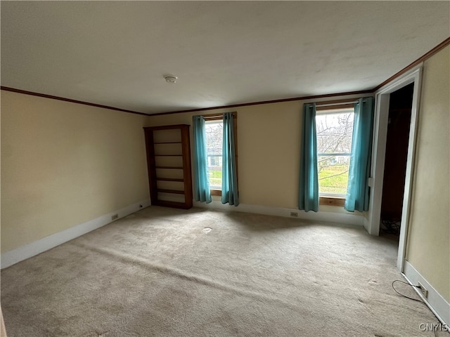 carpeted spare room featuring ornamental molding and a wealth of natural light