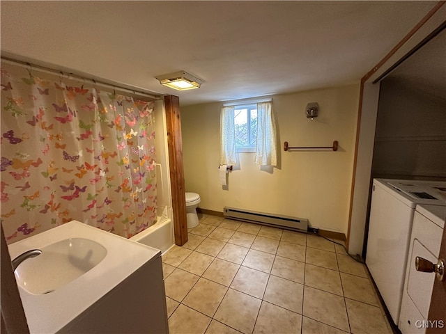 full bathroom featuring independent washer and dryer, tile patterned floors, shower / bath combo, and a baseboard heating unit