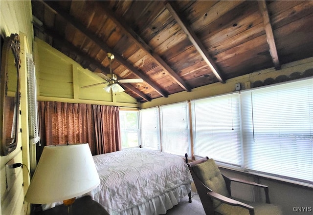 bedroom featuring lofted ceiling with beams, ceiling fan, and wooden ceiling