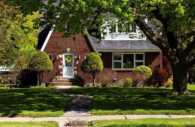 tudor-style house featuring a front lawn