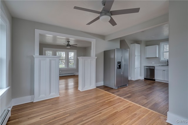 kitchen with white cabinetry, stainless steel appliances, a baseboard radiator, and light wood-type flooring