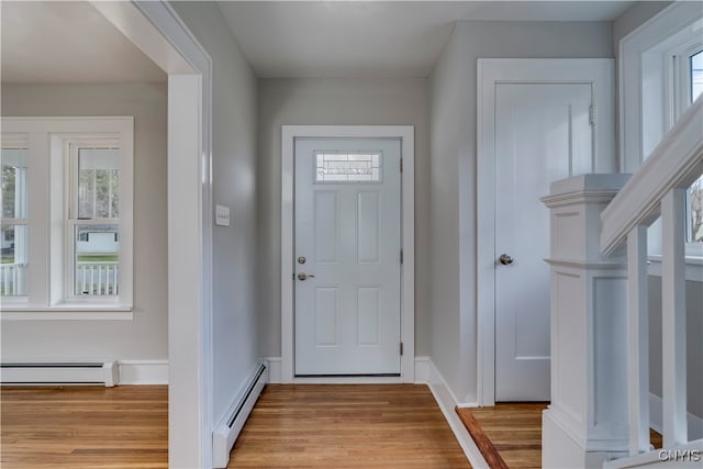 doorway to outside with light hardwood / wood-style flooring and a baseboard radiator