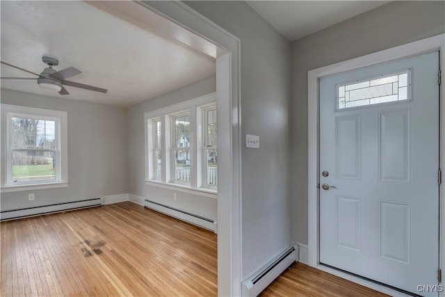 entrance foyer with ceiling fan, light hardwood / wood-style flooring, and a baseboard radiator