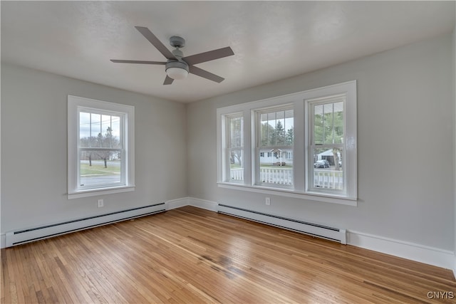 empty room featuring a healthy amount of sunlight, light hardwood / wood-style floors, and a baseboard radiator