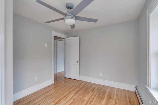 unfurnished room featuring light hardwood / wood-style floors, baseboard heating, and ceiling fan