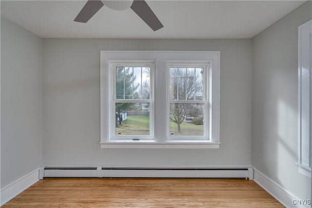 empty room with a healthy amount of sunlight, light hardwood / wood-style floors, and a baseboard radiator