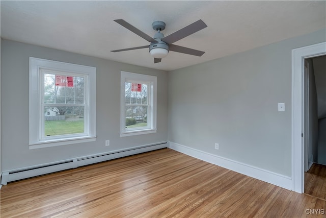 unfurnished room with baseboard heating, ceiling fan, and light hardwood / wood-style floors