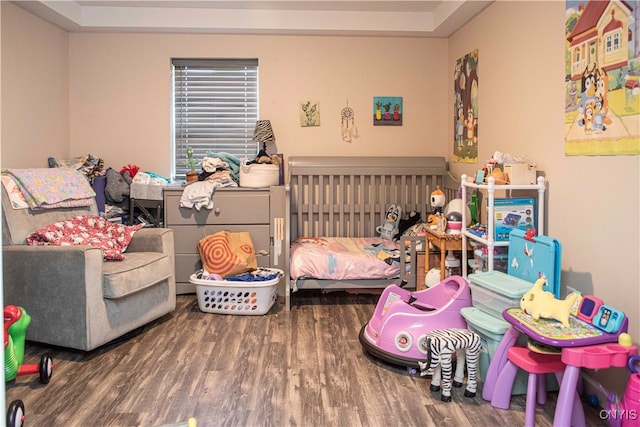 bedroom with dark hardwood / wood-style floors and a raised ceiling