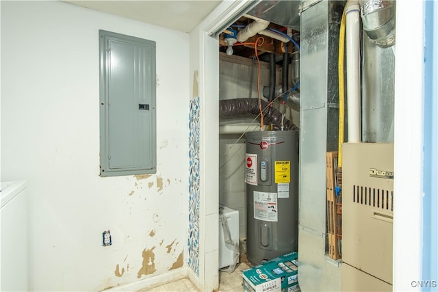 utilities with electric panel, water heater, heating unit, and washing machine and dryer