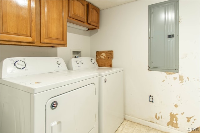 laundry room featuring cabinets, independent washer and dryer, and electric panel