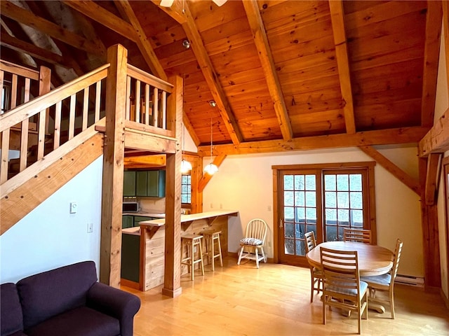 interior space featuring light wood-type flooring, a baseboard heating unit, vaulted ceiling with beams, and wooden ceiling