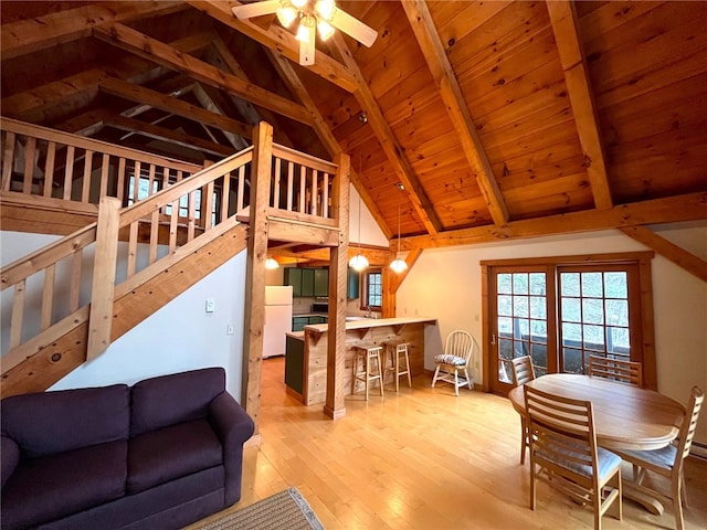 living room featuring lofted ceiling with beams, light hardwood / wood-style floors, ceiling fan, and wood ceiling