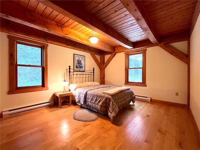 bedroom with beamed ceiling, light wood-type flooring, baseboard heating, and wooden ceiling