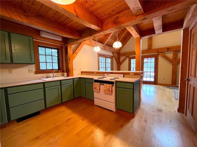 kitchen with white range with electric stovetop, sink, lofted ceiling with beams, light hardwood / wood-style flooring, and green cabinetry