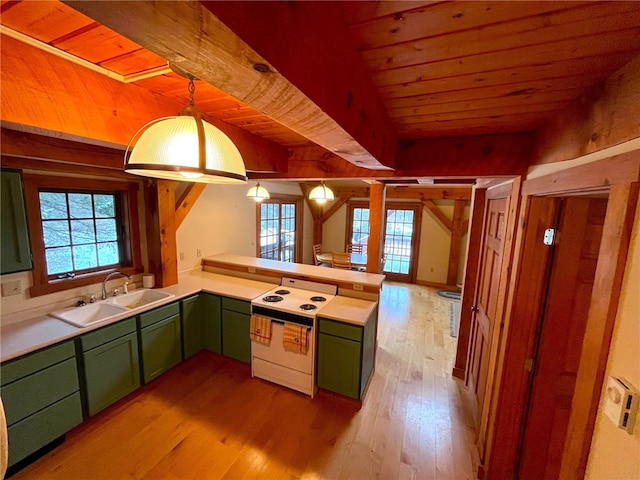 kitchen featuring kitchen peninsula, range with electric cooktop, sink, pendant lighting, and light hardwood / wood-style floors