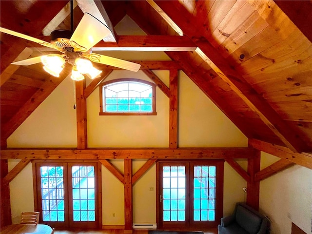 room details with french doors, wood ceiling, ceiling fan, baseboard heating, and beam ceiling