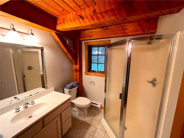 bathroom featuring tile patterned flooring, a baseboard heating unit, an enclosed shower, vanity, and wood ceiling