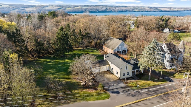 bird's eye view with a water view