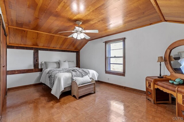 bedroom with wooden ceiling, light parquet floors, ceiling fan, and lofted ceiling