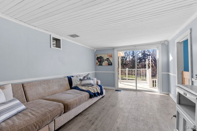 living room with wooden ceiling, light hardwood / wood-style floors, and ornamental molding