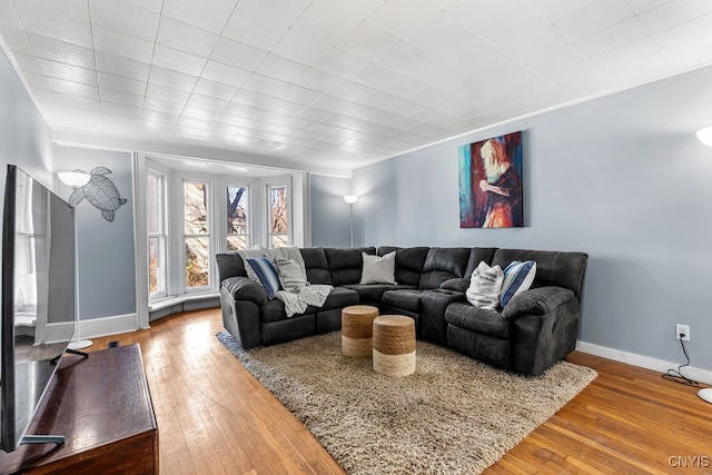 living room with crown molding and wood-type flooring