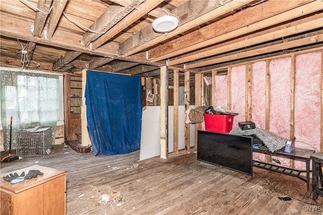 basement with hardwood / wood-style floors